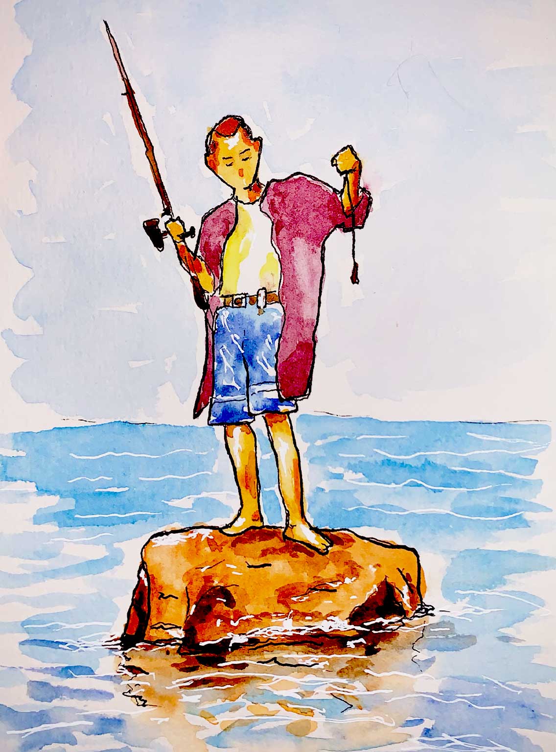 Boy Fishing Watercolor